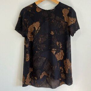 Aritzia Wilfred 100% Silk Tunic Blouse Women’s Size XS Sheer Brown Floral Moody
